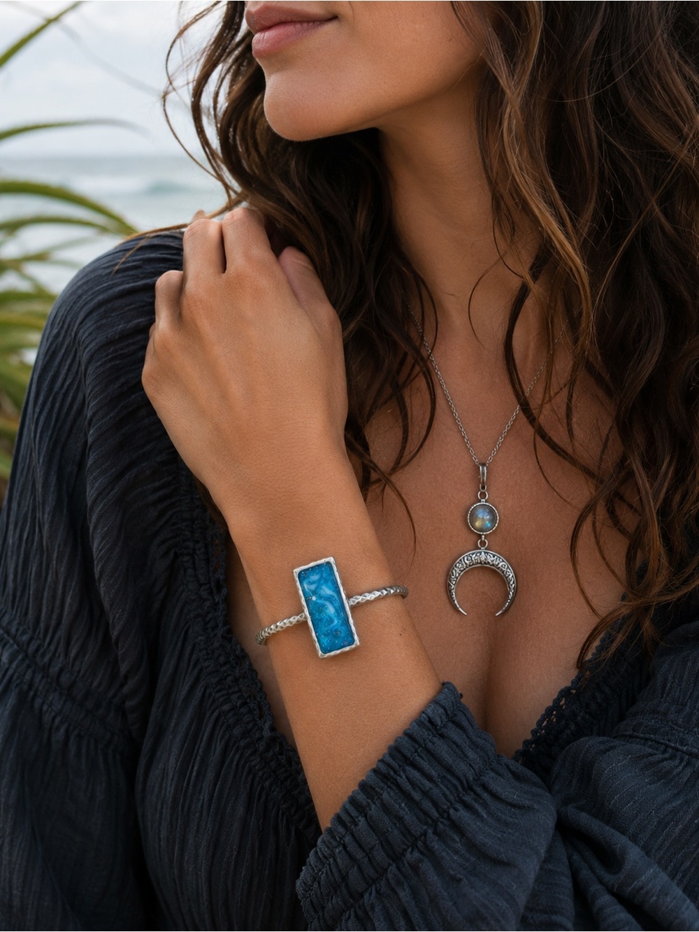 Handmade Silver Tone Cuff | Ocean Blue Statement Bracelet | Coastal Boho Jewelry